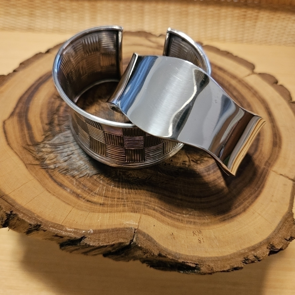 Two Bangles Bracelets Woven Silver Tone Boho - image 2